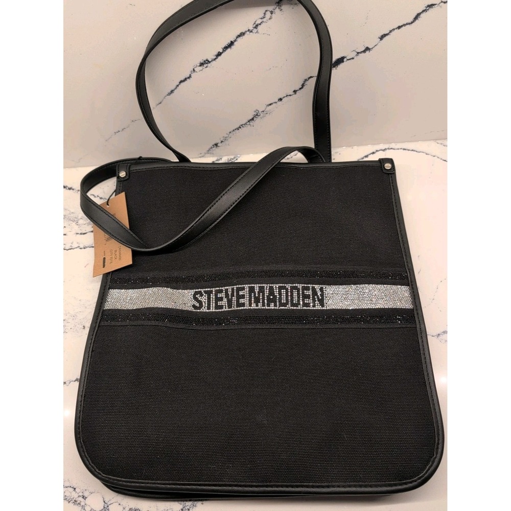 Steve Madden City‎ Tote Bag Purse Black Canvas Sequins Detachable Small Bag NWT